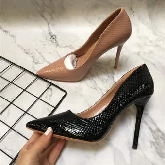 Chic Belle Noire Vêtement De Rue Motif Peau De Serpent Escarpins 2021 10 Cm Talons Aiguilles À Bout Pointu Escarpins