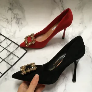 Charmant Daim Noire Soirée Faux Diamant Escarpins 2021 8 Cm Talons Aiguilles À Bout Pointu Escarpins