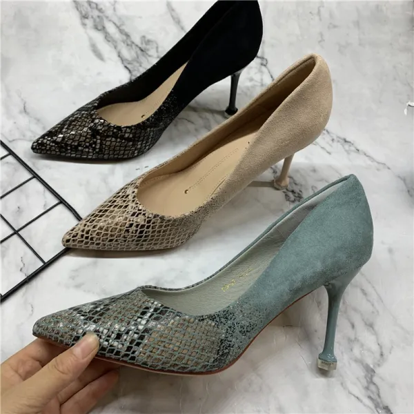 Chic / Beautiful Office Sage Green OL Leather Suede Pumps 2021 8 cm Stiletto Heels Pointed Toe Pumps