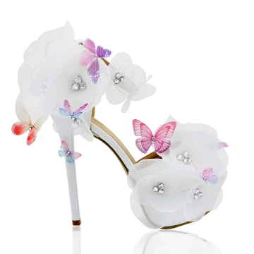 Chic Beautiful White Summer Wedding Shoes 2018 Leather Butterfly Flower Rhinestone Ankle Strap 14 Cm Stiletto Heels Open Peep Toe Wedding High Heels
