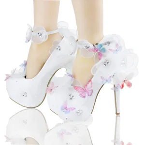 Piękne Białe Buty Ślubne 2018 Skórzany Motyl Kwiat Rhinestone 14 Cm Szpilki Szpiczaste Ślub Czółenka
