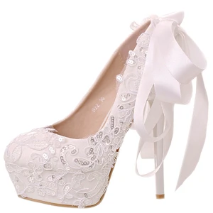 Charmant Ivoire En Dentelle Noeud Paillettes Chaussure De Mariée 2021 14 Cm Talons Aiguilles Talons Hauts À Bout Pointu Mariage Escarpins