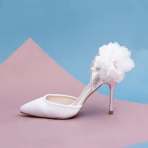 Moderne Mode Blanche Fleur Faux Diamant Chaussure De Mariée 2021 Satin 9 Cm Talons Aiguilles À Bout Pointu Mariage Talons