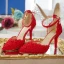 Chinese style Red Lace Flower Pearl Wedding Shoes 2021 Ankle Strap 9 cm Stiletto Heels Pointed Toe Wedding Sandals