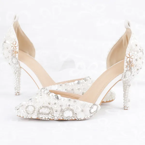 Charmant Ivoire Perle Faux Diamant Chaussure De Mariée 2021 Bride Cheville 8 cm Talons Aiguilles À Bout Pointu Mariage Talons