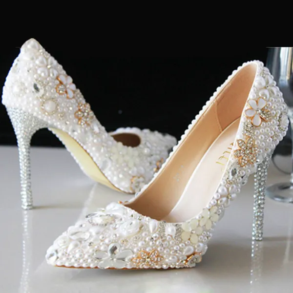 Fabulous Ivory Crystal Wedding Shoes 2021 Pearl Rhinestone 10 cm Stiletto Heels High Heels Pointed Toe Wedding Pumps