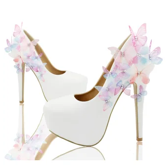 Chic Beautiful White Wedding Shoes 2018 Leather Butterfly Rhinestone 14 Cm Stiletto Heels Round Toe Wedding Pumps