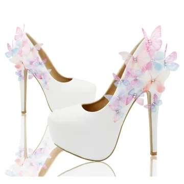 Chic Belle Blanche Chaussure De Mariée 2018 Cuir Papillon Faux Diamant 14 Cm Talons Aiguilles À Bout Rond Mariage Escarpins