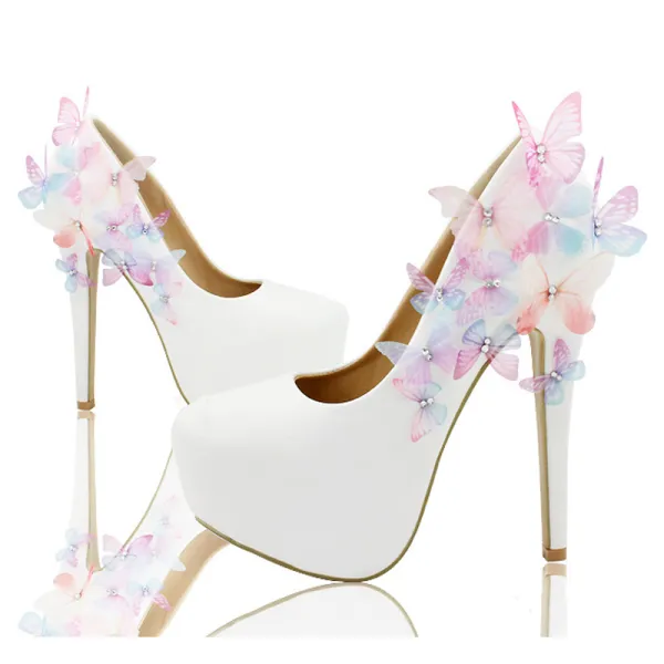 Chic / Beautiful White Wedding Shoes 2018 Leather Butterfly Rhinestone 14 cm Stiletto Heels Round Toe Wedding Pumps