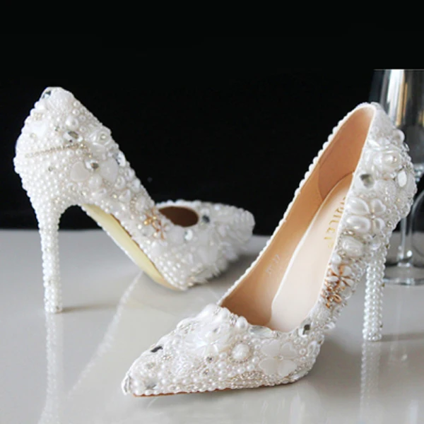 Sjarmerende Elfenben Perle Rhinestone Brudesko 2021 10 cm Stiletthæler Spisse Bryllup Pumps