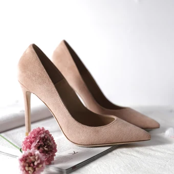 Simple Beige Bureau Ol Cuir Daim Escarpins 2021 10 Cm Talons Aiguilles À Bout Pointu Escarpins