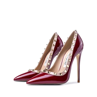 Sexy Burgundy Evening Party Rivet Pumps 2021 Patent Leather 10 Cm Stiletto Heels High Heels Pointed Toe Pumps