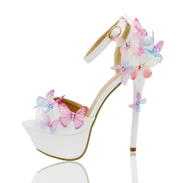 Chic / Beautiful Wedding Shoes 2018 Leather Pearl Butterfly Ankle Strap 14 cm Stiletto Heels Open / Peep Toe Wedding High Heels White