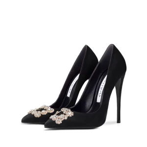 Charmant Noire Soirée Faux Diamant Escarpins 2021 10 Cm Talons Aiguilles Talons Hauts À Bout Pointu Escarpins