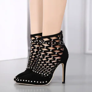 Fashion Black Evening Party Pierced Rhinestone Womens Sandals 2021 12 Cm Stiletto Heels Pointed Toe Sandals High Heels