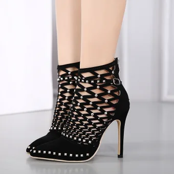 Fashion Black Evening Party Pierced Rhinestone Womens Sandals 2021 12 Cm Stiletto Heels Pointed Toe Sandals High Heels