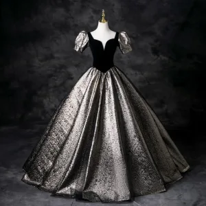 Classy Black Glitter Prom Dresses 2025 Ball Gown Square Neckline Puffy Short Sleeve Backless Floor Length Long Prom Formal Dresses