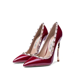 Fashion Burgundy Evening Party Rivet Pumps 2021 Patent Leather 10 Cm Stiletto Heels High Heels Pointed Toe Pumps