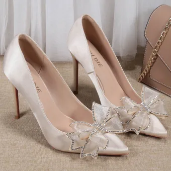 Élégant Champagne Satin Soirée Noeud Faux Diamant Escarpins 2021 10 Cm Talons Aiguilles Talons Hauts À Bout Pointu Escarpins