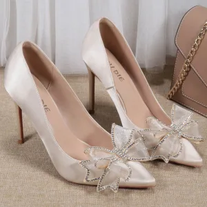 Elegante Champagner Satin Abend Schleife Strass Pumps 2021 10 Cm Stilettos Hochhackige Spitzschuh Pumps
