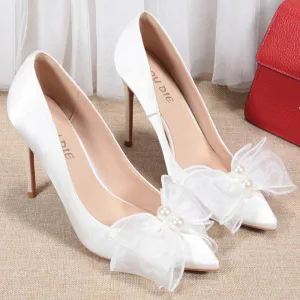 Elegant White Evening Party Satin Pearl Bow Pumps 2021 10 Cm Stiletto Heels High Heels Pointed Toe Pumps