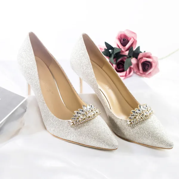 Sparkly Silver Glitter Wedding Shoes 2018 Leather Sequined Rhinestone 8 cm Stiletto Heels Pointed Toe Wedding Pumps