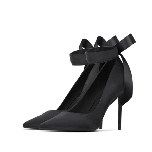 Élégant Noire Promo Satin Escarpins 2021 Bride Cheville Noeud 10 Cm Talons Aiguilles Talons Hauts À Bout Pointu Escarpins