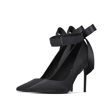 Élégant Noire Promo Satin Escarpins 2021 Bride Cheville Noeud 10 Cm Talons Aiguilles Talons Hauts À Bout Pointu Escarpins