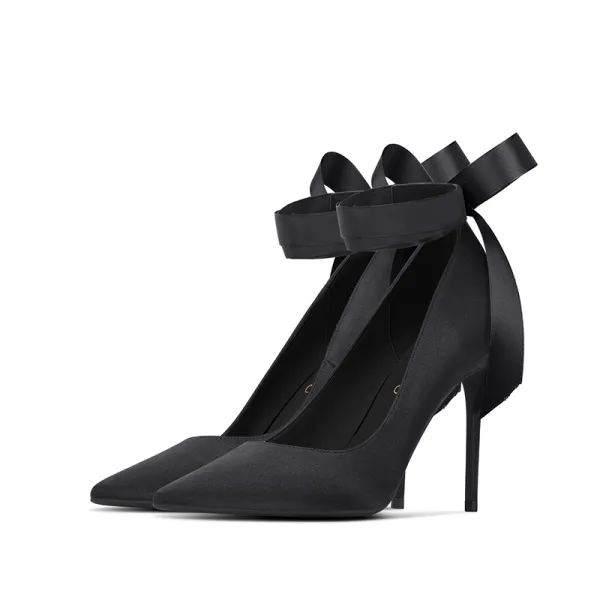 Elegant Black Prom Satin Pumps 2021 Ankle Strap Bow 10 cm Stiletto Heels High Heels Pointed Toe Pumps
