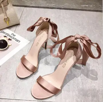 Sexy Champagne Prom Satin Womens Sandals 2021 Ankle Strap Bow 10 Cm Stiletto Heels Open Peep Toe High Heels