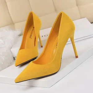 Simple Jaune Désinvolte Daim Escarpins 2021 9 Cm Talons Aiguilles Talons Hauts À Bout Pointu Escarpins