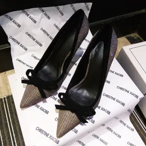 Scintillantes Noire Soirée Faux Diamant Escarpins 2021 Noeud 9 Cm Talons Aiguilles À Bout Pointu Talons Hauts