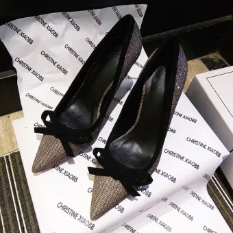 Scintillantes Noire Soirée Faux Diamant Escarpins 2021 Noeud 9 Cm Talons Aiguilles À Bout Pointu Talons Hauts