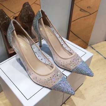 Scintillantes Beige Soirée Faux Diamant Escarpins 2021 Tulle 9 Cm Talons Aiguilles Talons Hauts À Bout Pointu Escarpins