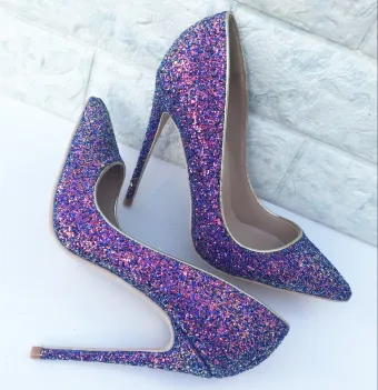 Sparkly Purple Sequins Rave Club Pumps 2021 Leather 10 Cm Stiletto Heels High Heels Pointed Toe Pumps