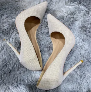 Sparkly Evening Party Beige Sequins Pumps 2021 12 Cm Stiletto Heels Pointed Toe High Heels