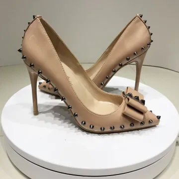 Mode Abrikoos Beige Avond Klinknagel Strik Pumps 2021 Lakleer 12 Cm Naaldhakken Stiletto Hoge Hakken Spitse Neus Pumps