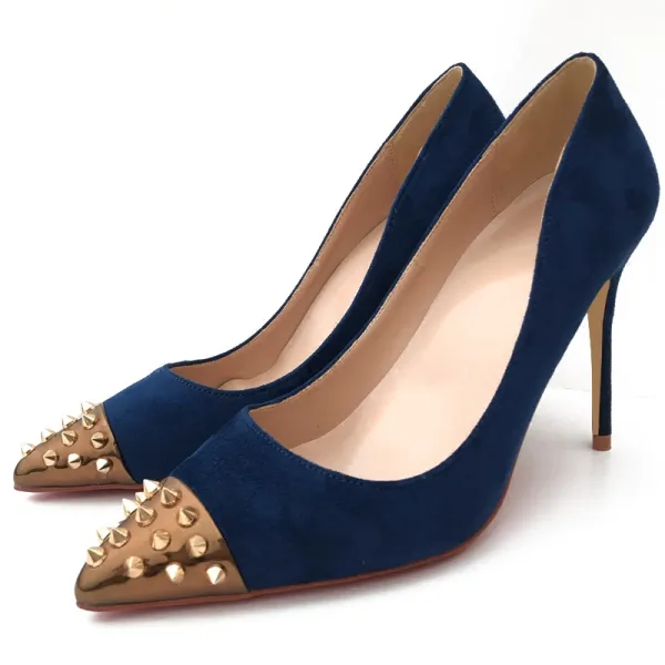 Fashion Navy Blue Cocktail Party Suede Rivet Pumps 2021 10 cm Stiletto Heels Pointed Toe High Heels