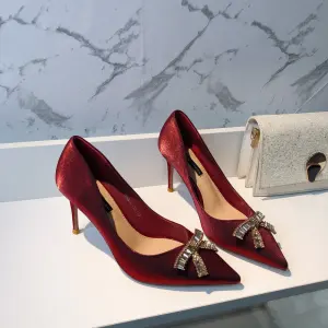 Charmant Bordeaux Soirée Faux Diamant Noeud Escarpins 2021 8 Cm Talons Aiguilles À Bout Pointu Talons Hauts