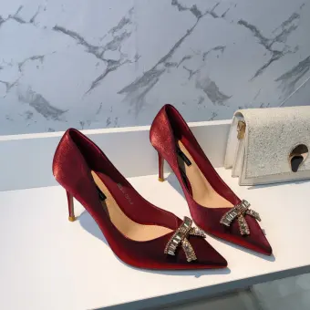 Charmant Bordeaux Soirée Faux Diamant Noeud Escarpins 2021 8 Cm Talons Aiguilles À Bout Pointu Talons Hauts