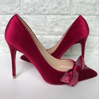 Chic Beautiful Red Suede Cocktail Party Rhinestone Bow Pumps 2021 10 Cm Stiletto Heels Pointed Toe High Heels