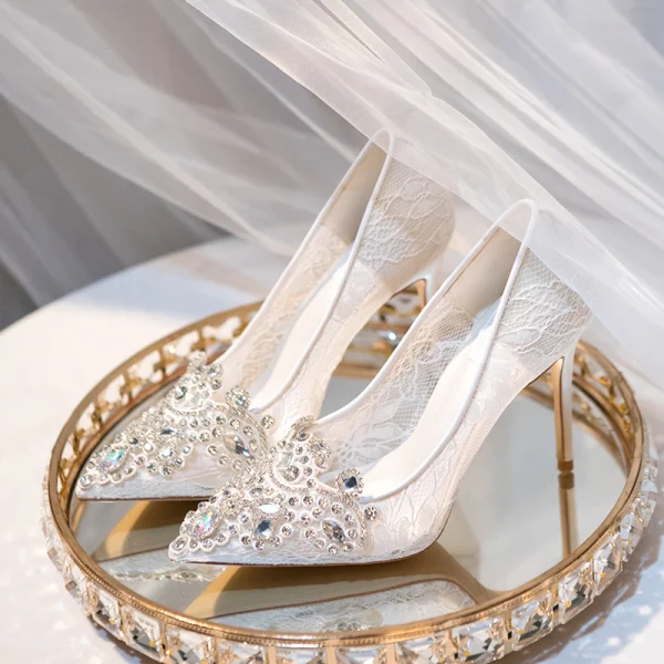 See through Ivory Lace Women's High Heels Fish Toe Wedding Shoes, S009 main image 0
