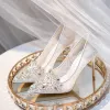 Charming Ivory See-through Lace Rhinestone Wedding Shoes 2021 Leather 10 cm Stiletto Heels High Heels Pointed Toe Wedding Pumps