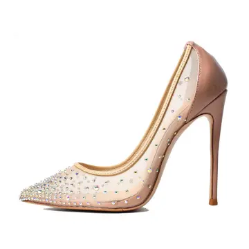 Sexy Blushing Pink Evening Party See Through Rhinestone Pumps 2021 Tulle 10 Cm Stiletto Heels High Heels Pointed Toe Pumps