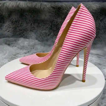 Amazing Unique Candy Pink Striped Prom Pumps 2021 12 Cm Stiletto Heels High Heels Pointed Toe Pumps