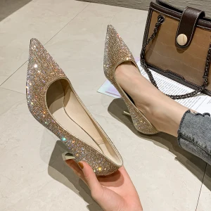 Charmant Doré Soirée Faux Diamant Escarpins 2021 7 Cm Talons Aiguilles Talons Hauts À Bout Pointu Escarpins