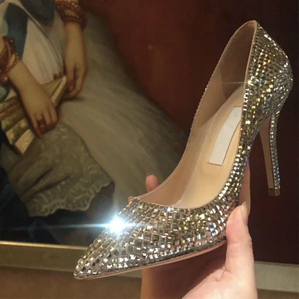 Glittrande Champagne Afton Rhinestone Pumps 2021 Läder 10 cm Stilettklackar Högklackade Spetsiga Pumps