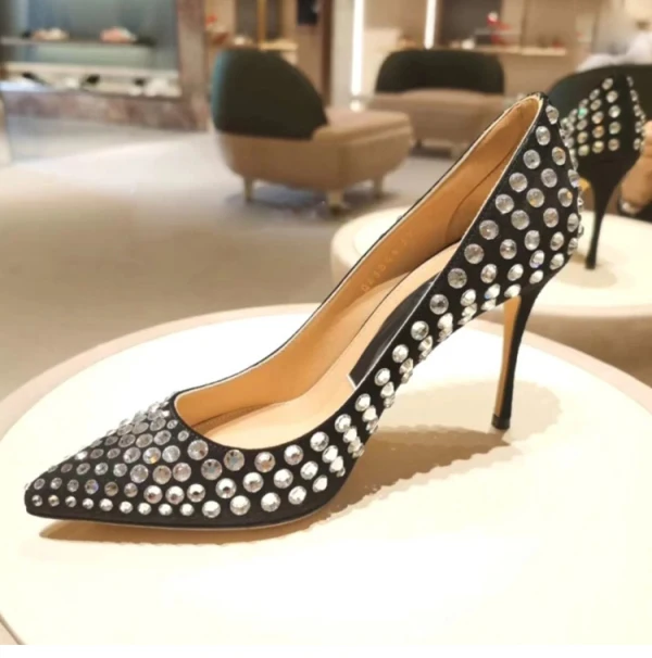Sexy Tan Abend Strass Pumps 2021 Leder 10 cm Stilettos Hochhackige Spitzschuh Pumps
