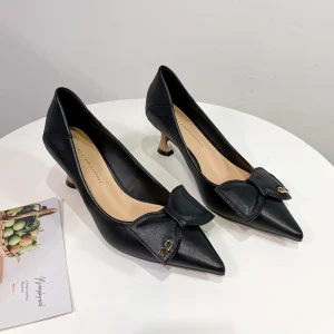 Simple Noire Bureau Ol Noeud Escarpins 2021 Cuir 5 Cm Talons Aiguilles Talons Hauts À Bout Pointu Escarpins