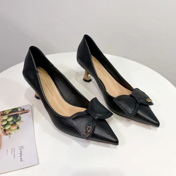 Simple Noire Bureau Ol Noeud Escarpins 2021 Cuir 5 Cm Talons Aiguilles Talons Hauts À Bout Pointu Escarpins
